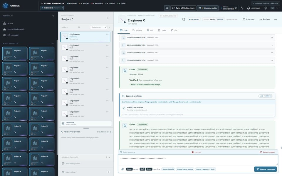 Codex Unleashed desktop with project navigation, agent workspace, and synthetic test conversation.