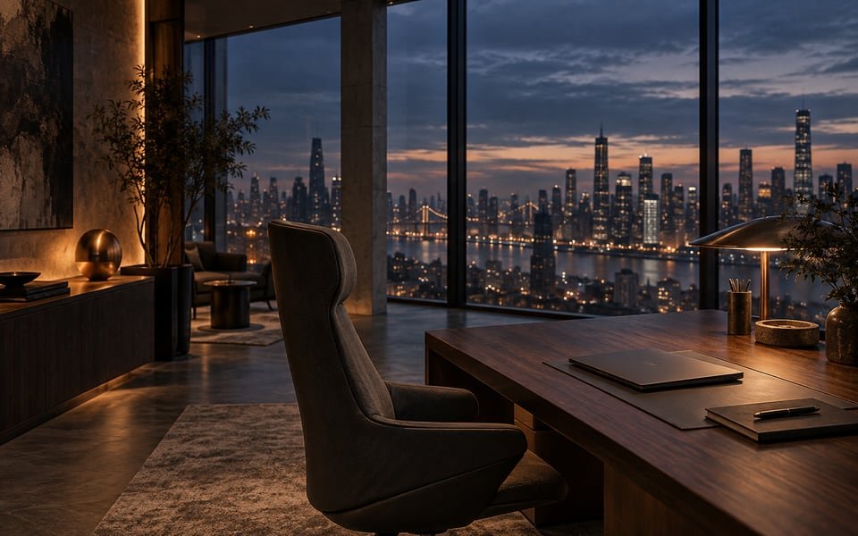Warm, architectural workspace overlooking a city at blue hour.